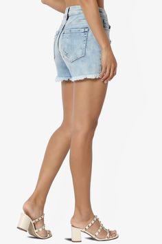 Effortless style is imbued into these denim shorts through considered distressed detailing. The high-waisted pair features large rips at the front and is finished with a raw hem that completes its irreverent design. Women's Stretchy Denim Shorts goes well with summer casual blouse, t-shirts for home, summer holidays, casual, daily life, shopping, going out, party, street look.Washed light blue denim shortsBelt loops, Five pockets, Ripped and distressed detailsUnfinished hem, Faded finish, Design Short Pants Women, High Rise Blue Jeans, High Waisted Jean, Female Girl, High Waisted Jean Shorts, Denim Cutoff Shorts, Denim Cutoffs, Summer Pants, Street Look