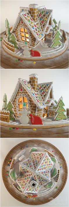 three different pictures of gingerbread houses on display