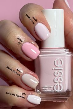 🔹 @essiepolish peak show, a light, opaque pastel pink 🗻 comparisons ▶ Top to Bottom ▶ *essie peak show vs fiji, fiji is a more saturated pastel pink *essie peak show vs ballet slippers, ballet slippers is sheer, plus a pinkish beige *essie peak show vs @opiproducts Let's Be Friends!, Let’s Be Friends! is more of a white and slight with pink undertones Peak Show Essie, Opi Pastel Pink, Summer Nails Essie, Nails Essie Colors, Pastel Pink Pedicure, Essie Pink Shades, Essie Fiji Nail Polish, Essie Ballet Slippers Nail Polish, Opi Ballet Slippers