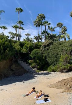 two people laying on the beach under palm trees