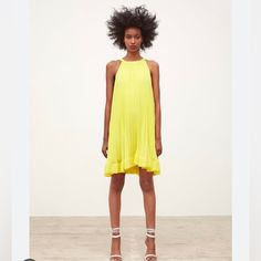 Zara Brand New Without Tags, Yellow Pleated Empire Cut Dress Sleeveless Pleated Dress For Spring Beach, Sleeveless Pleated Beach Dress For Spring, Summer A-line Pleated Dress For Date Night, Summer Pleated Dress For Brunch, Chic Summer A-line Pleated Dress, Chic A-line Pleated Dress For Summer, Summer Yellow Pleated Dress, Summer Pleated Yellow Dress, Yellow Pleated Mini Dress For Summer