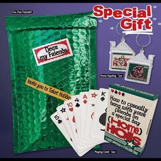 an advertisement for playing cards in a bag with the words, special gift on it