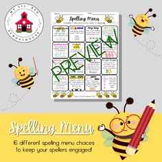 a bee themed spelling game with the words spelling menu