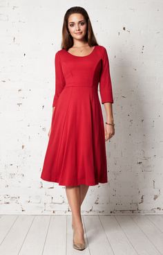 An easy on the eye 1950s inspired red ponte dress in our exquisite roma fabric. Cut to flatter with ¾ sleeves and a scoop neckline, the wide skirt smoothes over curves while the ponte seams create a slimming silhouette Office 9-5 or casual brunch with the girls, our chilli pepper red dress has all the hallmarks of Alie Street styling. Easy to wear soft fabrics cut to shape and flatter with a flirty skirt - a real confidence booster. Details to love – Fit and flare skirt, flattering ponte seams, Red Dress Office Outfit, Red Graduation Gown, Wide Skirt, Kate Middleton Outfits, Fit And Flare Skirt, Chilli Pepper, Ponte Dress, Dresses Outfits, Dresses 2020