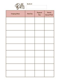 a printable bill chart with the words bills on it and an image of a piggy bank