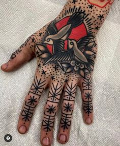 a person's hand with tattoos on it, and an image of a bird