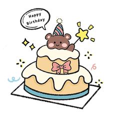 a drawing of a birthday cake with a teddy bear on top and a speech bubble above it