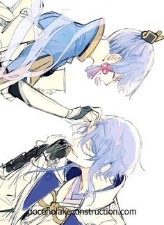 two anime characters one with blue hair and the other wearing white