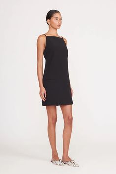 STAUD RHYTHM DRESS BLACK Modern Black Mini Dress For Workwear, Sleek Black Mini Dress With Straight Neckline, Chic H-line Mini Dress For Work, Double Welt Pocket, Staud Dress, Rhythm Dress, Soft Loafers, Transitional Dressing, Keds Champion