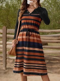 Type:A Line \nStyle:Casual \nHem Shaped:Flared \nWaist Line:High Waist \nDetails:Knot \nNeckline:V neck \nSleeve Type:Flare Sleeve \nColor:Multicolor \nPattern Type:Colorblock \nPattern Type:Striped \nPattern Type:Tribal \nPattern Type:All Over Print \nSleeve Length:Long Sleeve \nFit Type:Regular Fit \nLength:Knee Length \nMaterial:Knitted Fabric \nComposition:95% Polyester \nComposition:5% Elastane \nCare Instructions:Machine wash or professional dry clean \nSheer:No \nFabric:High Stretch \nBody:Unlined \n Fall Stripes, Long Sleeve Short Dress, Women Midi, Womens Midi Dresses, Midi Dresses, Womens Fall, Flared Sleeves, Stripe Print, Short Dress