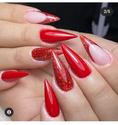 Almond Acrylic Nails Designs, Red Stiletto Nails, Posh Nails, Red Nails Glitter, Glitter Accent Nails, Pointy Nails, Stiletto Nail Art, Red Acrylic Nails