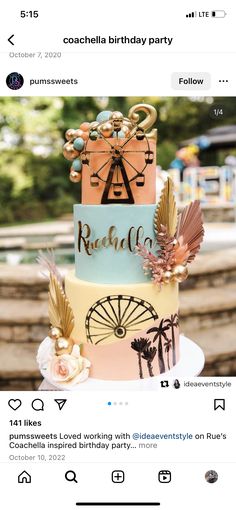 a three tiered cake with an amusement wheel on top and palm trees in the background