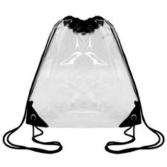 a clear bag with black straps on the front and back ends, sitting upright against a white background