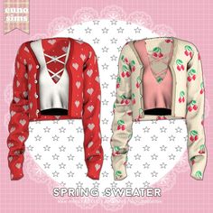 two sweaters with hearts and cherries on them are shown in the same image