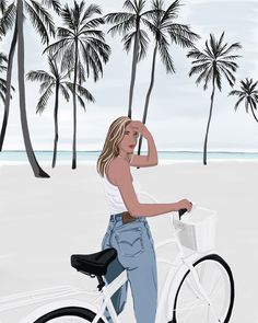 a woman riding a bike on the beach with palm trees in the backgroud