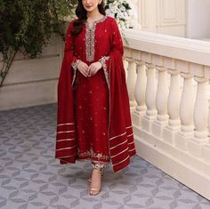 ✨KURTA This beautiful elegant deep red kurti has embellished with sequin beads and zari hand embroidery. ✨BOTTOM It has straight silk pant ✨DUPATTA Dupatta has beautiful lace  detailing on all for sides.  ✨This dress can be customise in any other colour and in all size, please contact us regarding any changes if you want.We will make this dress as per your choice. ✨We use high quality fabric and threads for embroidery.You won't face any problem in future regarding fading of colour or anything. You can use this outfit for many years.  ✨ Our dresses take little longer time, we take care of every minute details while manufacturing, so that our customers get full satisfaction when they receive the dress.  Your patience is important.  ✨There may be slight colour difference due high camera resol Red Heavy Suit, Red Designer Suits Indian, Pakistani Red Suit, Heavy Indian Suits, Pakistani Nikah Dress, Heavy Suits For Wedding, Heavy Pakistani Suits Party Wear, Red Pakistani Dress, Red Pakistani Suit