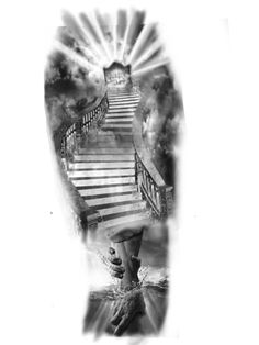 a black and white photo with stairs in the sky, clouds and sun coming out from behind