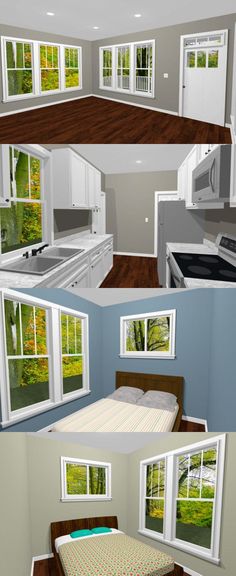 three different views of a bedroom and kitchen