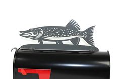 a black mailbox with a fish on it