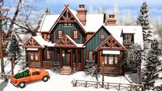 an orange truck is parked in front of a large house with snow on the ground