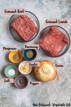 ingredients for ground beef burgers laid out in bowls on a gray background with text