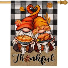 two gnomes are holding thanksgiving pies on a checkered tablecloth with the words,