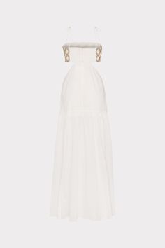 Made from 100% lightweight cotton, this airy cover-up has side cutouts, side slits, and an open back. Along the bust, it’s embellished with a gold, mirrored embroidery detail. It’s flowy, tiered skirt falls to a maxi-length hemline. Embellished Backless Maxi Dress For Summer, Elegant Cotton Dresses With Side Slits, Chic Embellished White Maxi Dress, Chic White Embellished Maxi Dress, White Embellished Vacation Dress, White Cotton Party Maxi Dress, Chic Beach Dresses With Cutwork Hem, Chic Dresses With Cutwork Hem For Beach, Chic Beach Dress With Cutwork Hem