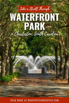 a park with water fountains and trees in the background text reads take a stroll through waterfront park in charleston, south carolina