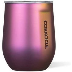 a purple and gold colored tumbler with the words corkcice on it's side