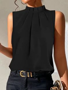 Effortless Style: Irregular Loose Hollow Cold Shoulder T-Shirts Diy Sy, Cheap Tank Tops, Collar Vest, Black Mock Neck, Sleeveless Turtleneck, Casual Office, Casual Black, Casual Tank Tops, Inspiration Mode