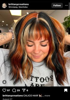 Edgy Color Block Hair, Brown Hair With Orange Streaks, Calico Hair With Bangs, Blonde Copper And Brown Hair, Colorful Fall Hair Colors, Bangs Colored Hair, Orange Hair With Black Tips, Calico Hair Color Placement