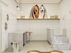 the interior of a dog grooming salon with two dogs under a towel on the wall