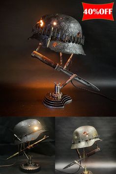 three different views of an old helmet with lights on it, and the same one is made out of metal