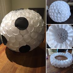 several pictures of different shapes and sizes of objects made out of toilet paper rolls, including a soccer ball