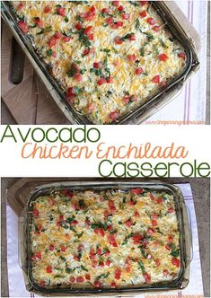 two pictures of an enchilada casserole with chicken and vegetables in it