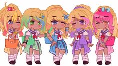 four cartoon girls with blonde hair and green eyes are standing in front of each other