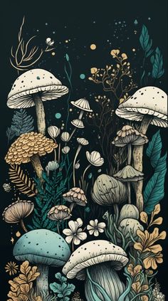 an illustration of mushrooms and plants on a black background