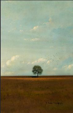 an oil painting of a tree in a field with birds flying over the sky above