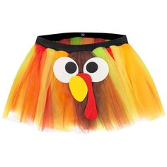 a colorful tulle skirt with a turkey face on it's head and eyes