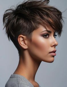 37 Creative Shaved Pixie Cut Ideas For Women Fall Hair Colors Short Hair Pixie, Pixie Hair Styles For Women, Short Edgy Pixie Cuts Shaved Sides, Pixie Haircut Undercut Shaved Sides, Stacked Pixie Haircut Back View, Dark Hair Pixie Haircut, Womens Pixie Cut, Undercut Ideas For Women, Brunette Pixie With Highlights