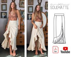 ✨ Step into the spotlight with the Soulmatte Evening Skirt Digital Sewing Pattern - an exquisite creation for women and teenagers seeking glamour and elegance in their evening attire! 🌙 Elevate your wardrobe with a high-waisted, long evening skirt pattern designed for the ultimate sophistication. This gorgeous skirt is more than just an outfit: it's a statement piece suitable for any evening gown occasion, adorned with a long split and ruffles in a captivating Latino style. 📏 The length of the Ruffles Outfit Women, Ruffle Outfits Women, Long Skirt Patterns, Flowy Skirt Pattern, Skirt Patterns Sewing Free, Split Skirt Pattern, Boho Skirt Pattern, Skirt Types, Long Skirt Pattern