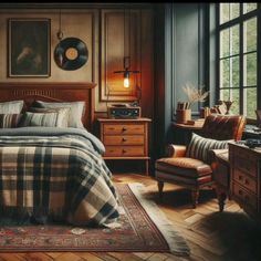 a bed room with a neatly made bed next to a chair and a desk in front of a window