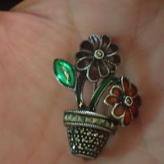 Vintage Judith Jack sterling silver marcasite enamel Flower Pot pin brooch 1 1/2 x 1 1/8 inch shipping includes insurance Orange Fox, Sterling Silver Marcasite, Butterfly Ring, Enamel Flower, Herkimer Diamond, Quartz Points, Silver Pendant, Brooch Pin, Flower Pots