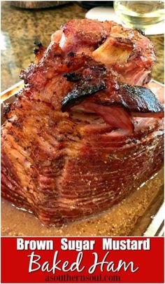 brown sugar mustard baked ham on a cutting board with text overlay that says brown sugar mustard baked ham