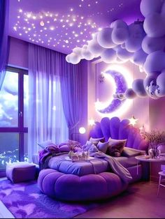 a bedroom decorated in purple and white with balloons hanging from the ceiling, moon shaped bed