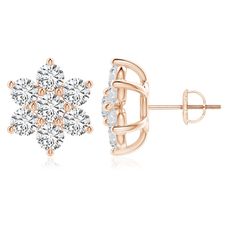 Clustres of round diamonds are set in 18k rose gold to resemble two fully bloomed flowers. All it takes is a single glance to fall in love with this pair of diamond earrings. The floral-shaped prong setting adds to the charm and endless beauty of these classic earrings. Choose from different stone qualities (K, I3, I-J, I1-I2, H, SI2, GH VS) and multiple total carat weight options. Diamond Jewelry Earrings, White Diamond Earrings, Classic Earrings, Diamond Flower, Diamond Cluster, Flower Shape, 18k Rose Gold, White Diamond, Prong Setting