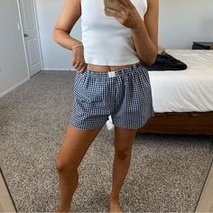 Viral Shorts Never Worn Elastic Waist Blue And White Gingham Check Boxers Pull On Pattern Shorts, Blue And White Gingham, Womens Pajama Shorts, Navy Gingham, Viral Shorts, Gingham Check, Boxer Shorts, Pajama Shorts, Patterned Shorts