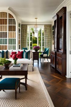 a living room filled with furniture next to a window covered in bookshelves and windows