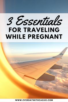 an airplane wing with the words 3 essentials for traveling while pregnant on top of it