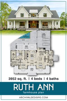 the floor plan for this four bedroom, three bath house is shown in blue and white